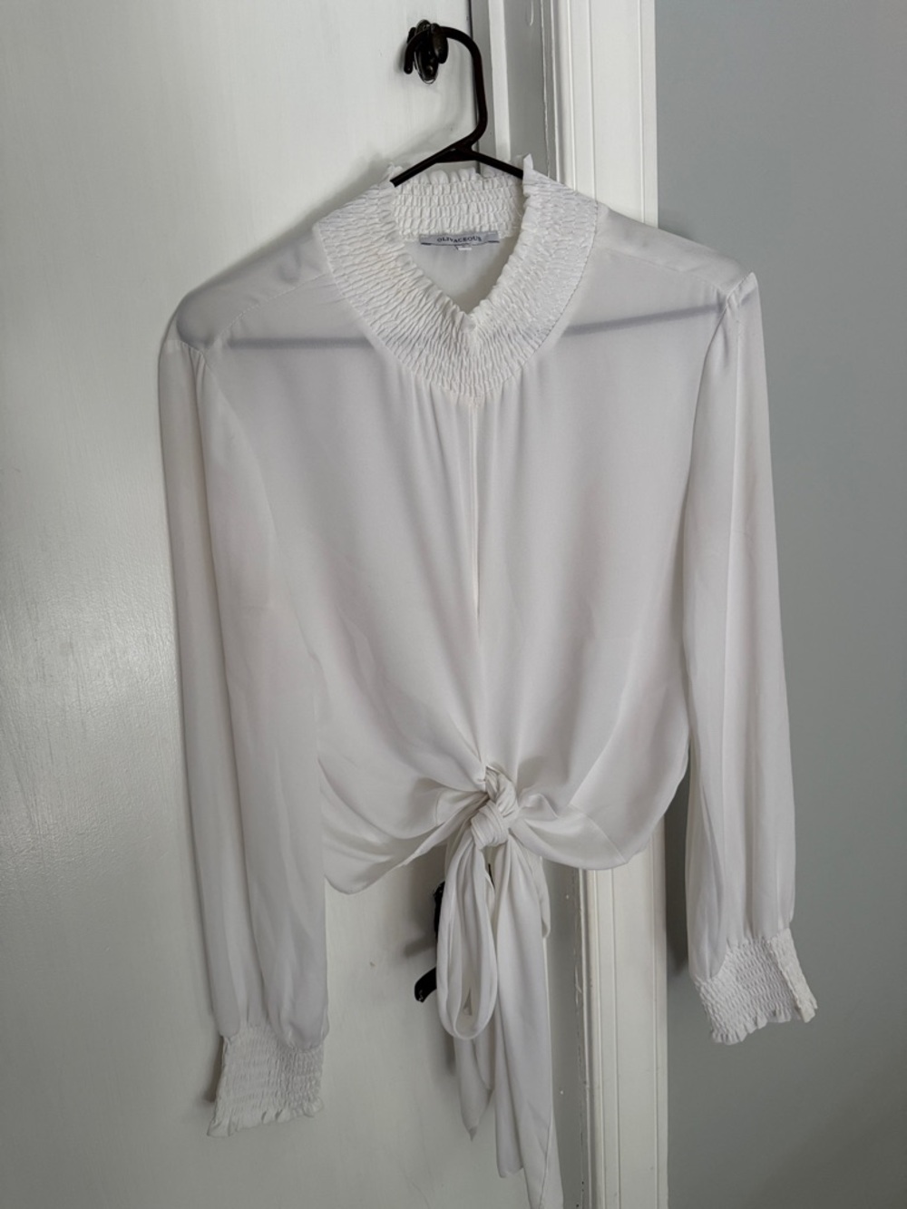 Olivaceous White Smocked-Collar Tie-Front Blouse